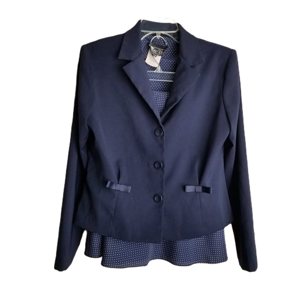 Suits Us Womens 9/10 Navy Blazer Polka Dot Skirt Suit Set Y2K Preppy